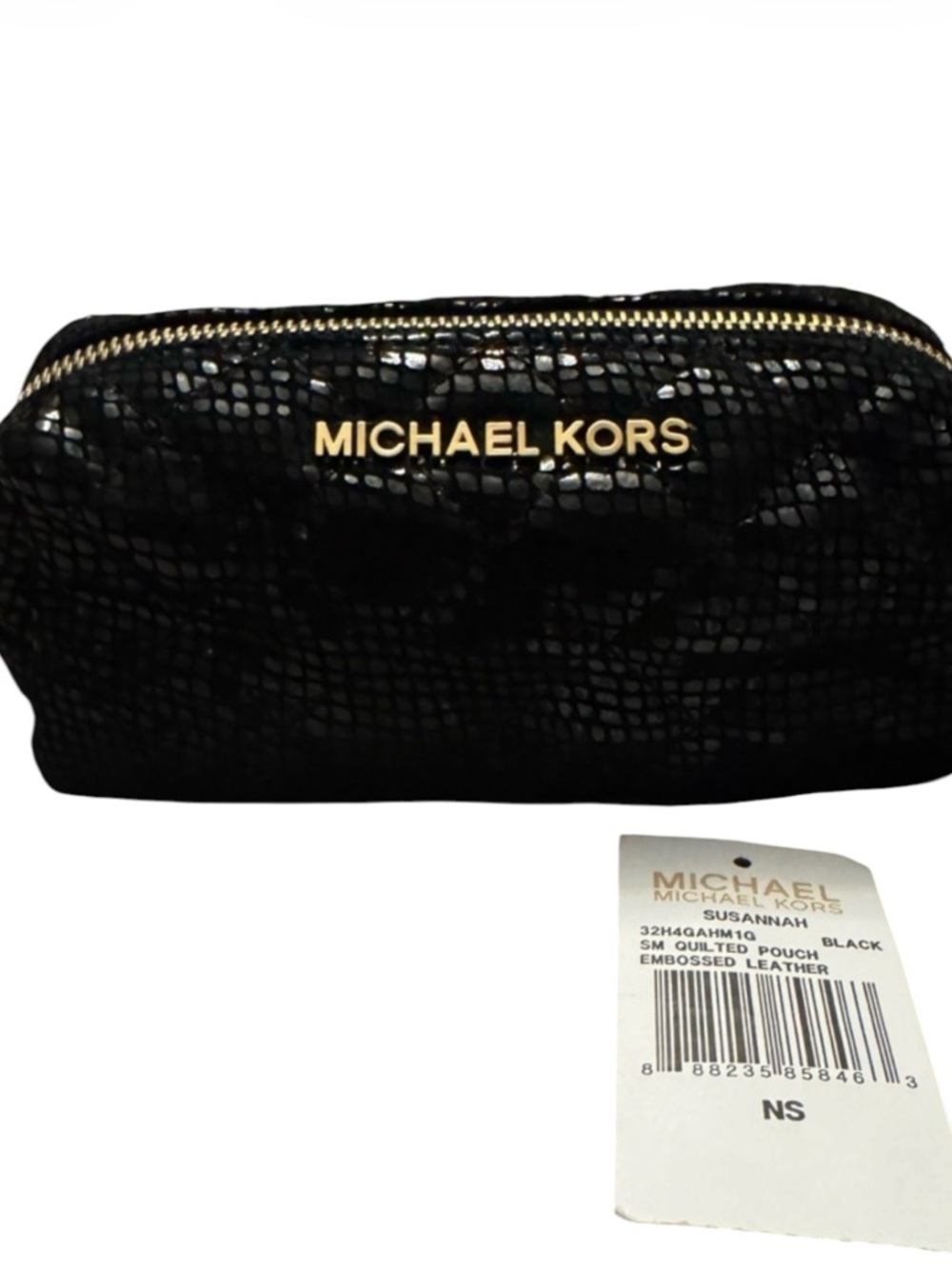 Michael Kors Susannah Black Embossed Leather Cosmetic Pouch Gold Hardware NWT